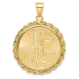 14k Yellow Gold Polished Rope Mounted 1/4oz American Eagle Prong Coin Bezel Pendant