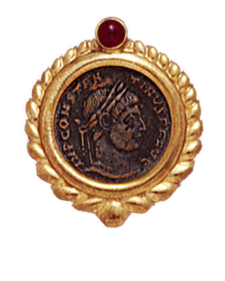 14K  Gold RIBBED RUBY BEZEL  Pendant  With Bronze Roman Coin