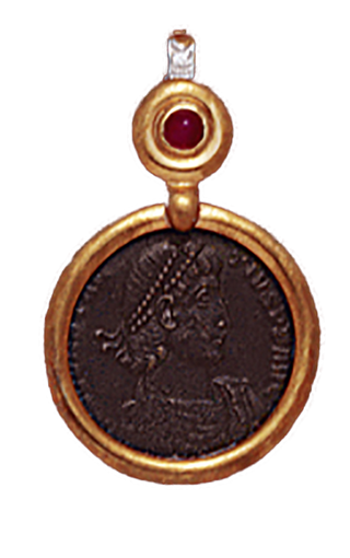 14K  Gold DIAMOND/RUBY  DROP SLIDE  Pendant  With Bronze Roman Coin